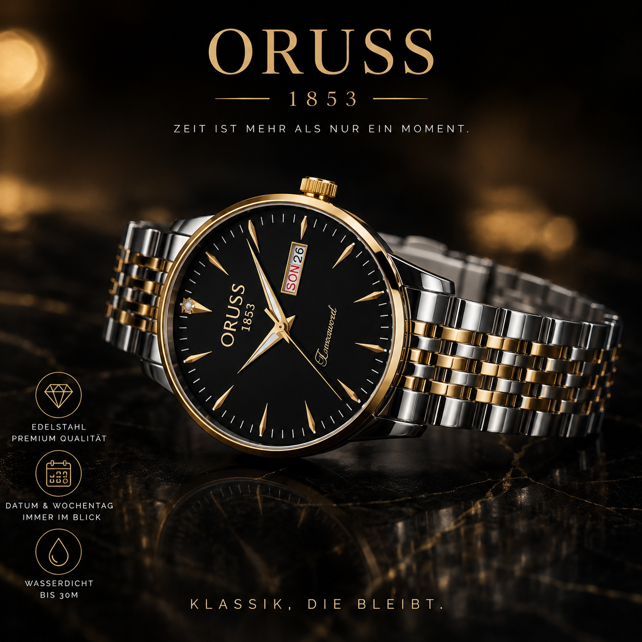 AZUREL Timeless Oruss Luxus Herren Uhr Schwarz Gold – Edelstahl Business Design | Box inkl. Kissen