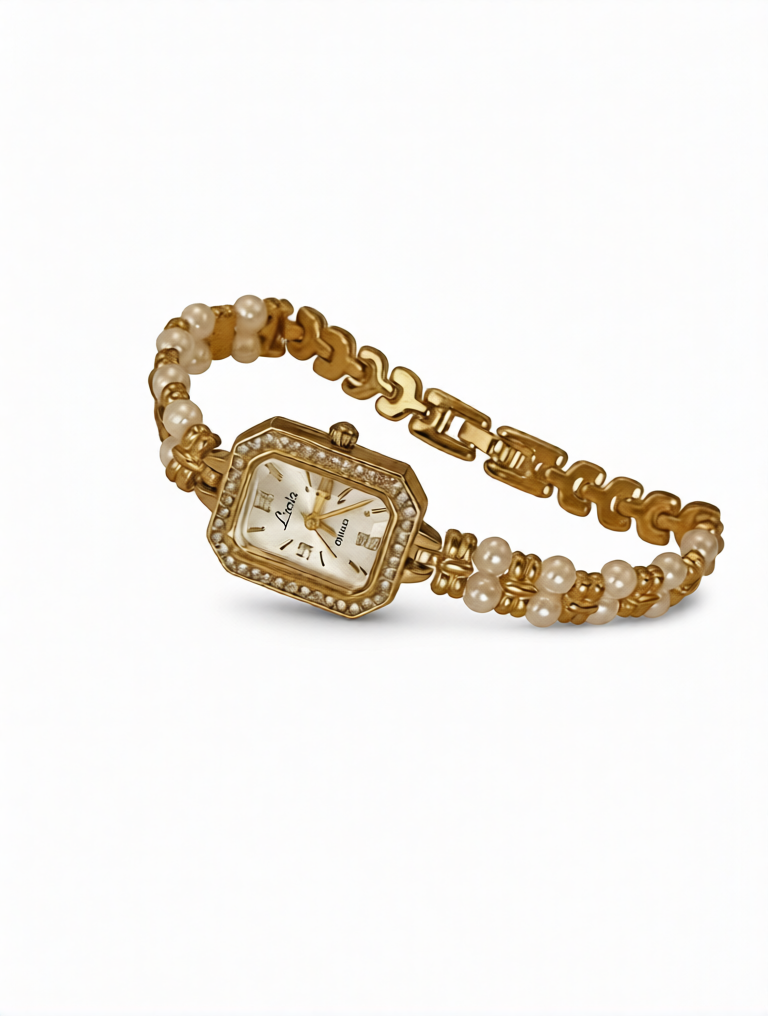 AZUREL Damen Uhrmit  Gold Perlen ; Elegant – Luxus Armband Uhr