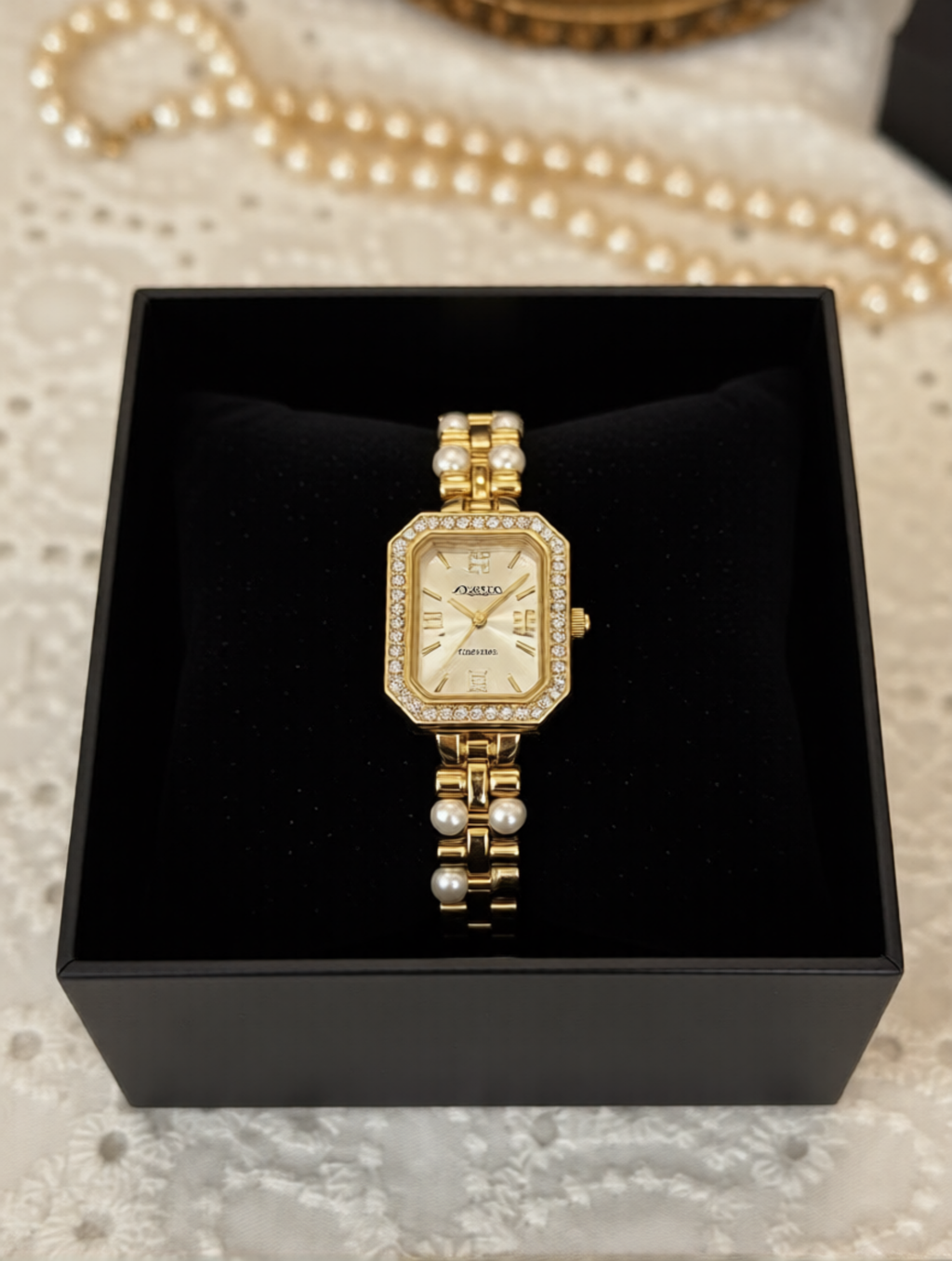 AZUREL Damen Uhrmit  Gold Perlen ; Elegant – Luxus Armband Uhr