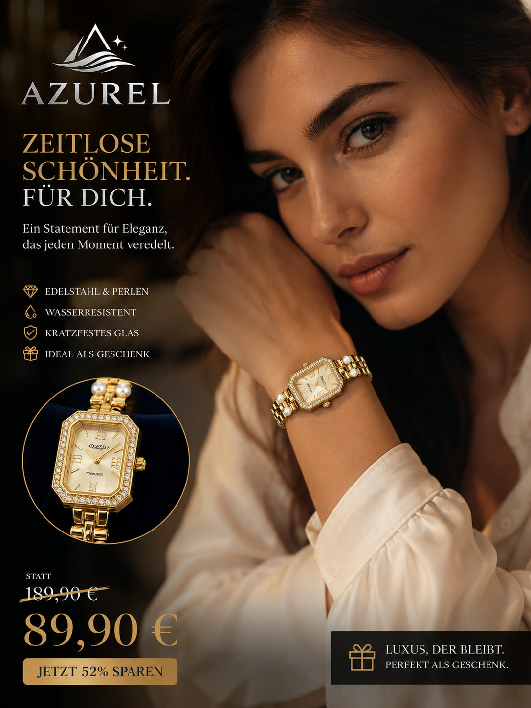 AZUREL Damen Uhr mit  Gold Perlen ; Elegant – Luxus Armband Uhr | Box inkl. Kissen